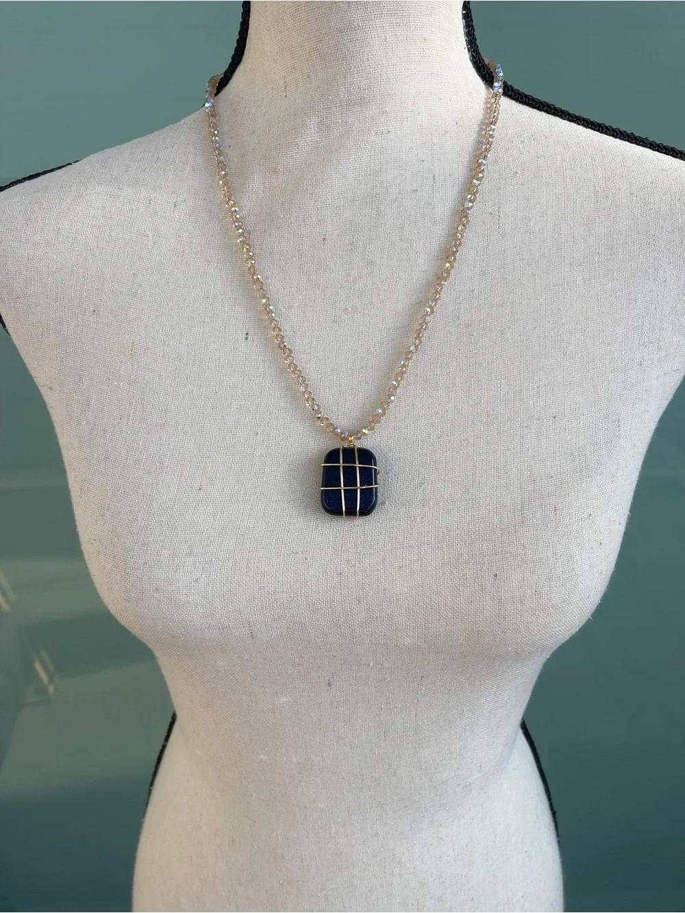 Navy Blue Gold Stone Necklace Gold Tone Wire Wrapping and Champagne Glass Beads